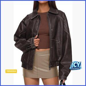 Faux Leather Jacket Women Bomber Motorcycle Zip Up Oversized